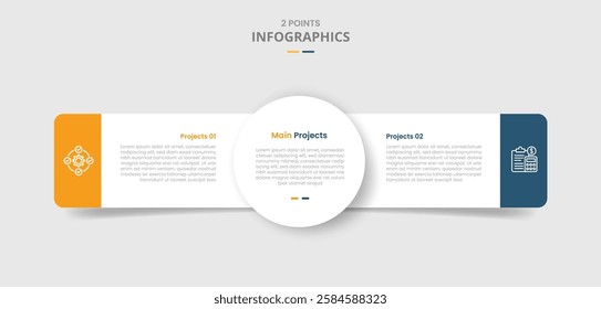 2 points template comparison concept for infographic with big circle center and round rectangle side by side with drop shadow style with two point list information vector