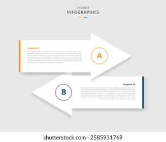 2 points template comparison concept for infographic with big arrow container opposite direction with drop shadow style with two point list information vector