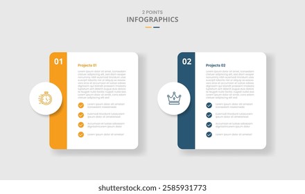 2 points template comparison concept for infographic with round box container with circle badge and list side badge with drop shadow style with two point list information vector