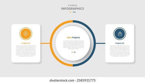 2 points template comparison concept for infographic with big circle center with round box container on side with drop shadow style with two point list information vector