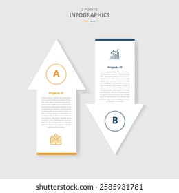 2 points template comparison concept for infographic with big arrow top and bottom direction opposite with drop shadow style with two point list information vector