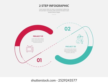 2 points template infographic outline style with 2 point stage or step comparison template with big circle and slice connection line for slide presentation vector