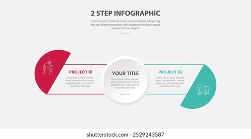 modelo de 2 pontos estilo de contorno infográfico com estágio de 2 pontos ou modelo de comparação de etapas com centro de círculo completo e semicírculo na borda para vetor de apresentação de slide