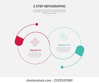 modelo de 2 pontos estilo de contorno infográfico com estágio de 2 pontos ou modelo de comparação de etapa com combinação de círculo grande com ponto venn linha unida para vetor de apresentação de slide