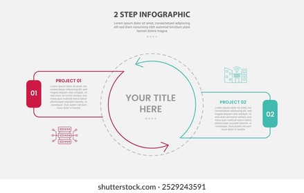 2 Punkte Vorlage Infografik Umriss Stil mit 2 Punkt Stadium oder Schritt Vergleich Vorlage mit großen Kreis Mitte und Pfeil Kante mit Zyklus kreisförmigen Stil für Folie Präsentation Vektor