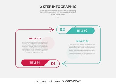 Estilo de esquema de infografía de Plantilla de 2 puntos con Plantilla de comparación de etapa o paso de 2 puntos con contenedor de línea de flecha dirección opuesta para Vector de presentación de diapositivas