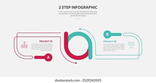 2 pontos modelo infográfico estilo de contorno com 2 pontos estágio ou passo modelo de comparação com a combinação de círculo criativo para cima e para baixo com base oposta para vetor de apresentação de slide