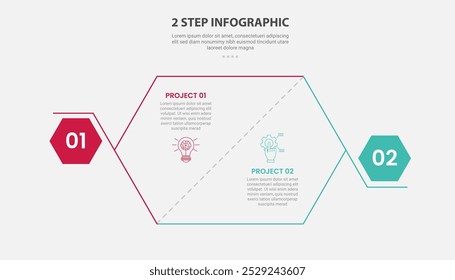 Estilo de esquema de infografía de Plantilla de 2 puntos con Plantilla de comparación de etapa o paso de 2 puntos con rebanada hexagonal y forma en negrita en el borde para el Vector de presentación de diapositivas