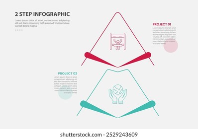 2 Punkte Vorlage Infografik Umriss Stil mit 2 Punkt Bühne oder Schritt Vergleich Vorlage mit kreativen Pfeilstapel vertikal für Folie Präsentation Vektor