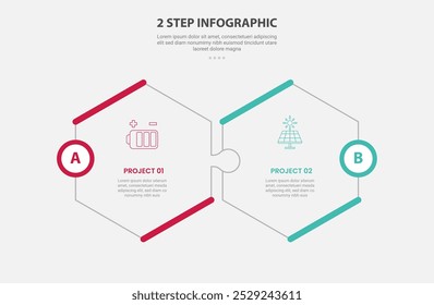 Estilo de esquema de infografía de Plantilla de 2 puntos con Plantilla de comparación de etapa o paso de 2 puntos con conexión de rompecabezas de rompecabezas de forma hexagonal para presentación de diapositivas Vector