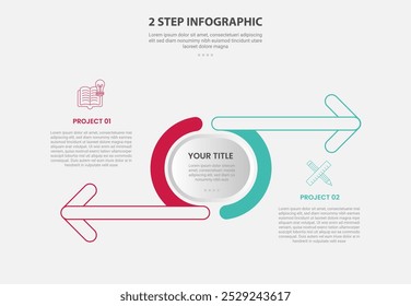 2 points template infographic outline style with 2 point stage or step comparison template with piechart shape and arrow opposite direction for slide presentation vector