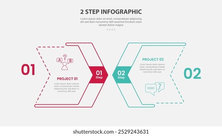 modelo de 2 pontos infográfico estilo de contorno com estágio de 2 pontos ou modelo de comparação de etapas com caixa de seta com design de estilo de camada para vetor de apresentação de slides