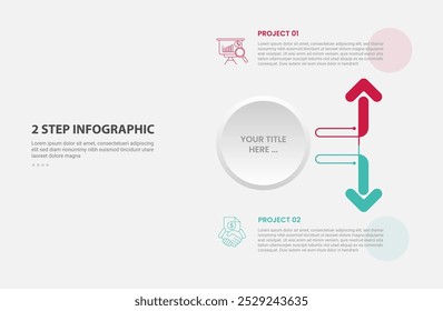 2 points template infographic outline style with 2 point stage or step comparison template with big circle arrow ups and down opposite direction for slide presentation vector