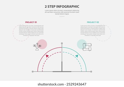 2 points template infographic outline style with 2 point stage or step comparison template with half circle gauge speedometer shape for slide presentation vector