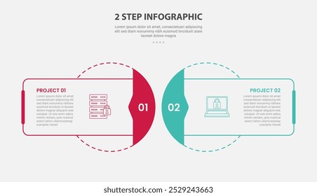 2 points template infographic outline style with 2 point stage or step comparison template with rectangle and circle blend with dotted line for slide presentation vector