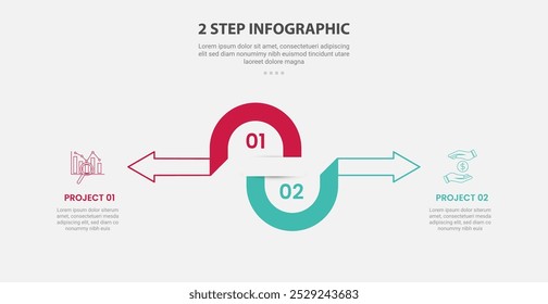 2 points template infographic outline style with 2 point stage or step comparison template with half circle and arrow opposite direction for slide presentation vector