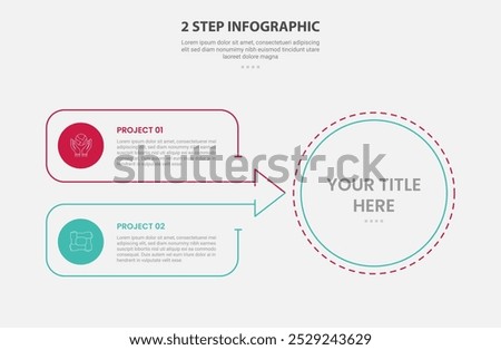2 points template infographic outline style with 2 point stage or step comparison template with big circle and arrow box join container for slide presentation vector