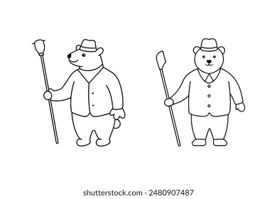 2 polar bear in suit sweeps snow clean vector silhouette icon