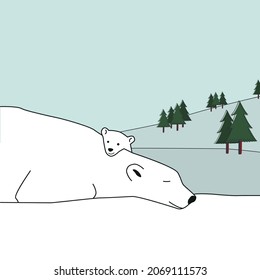 2 Polar bears: the mum and baby on a snowy landscape.  Design for the new year or mother's day.

