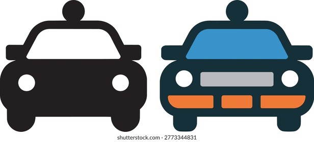2 police car vector illustrations presented in distinct styles. 1 is a black and white outline, the other is a colorful flat design, both front view for transp.