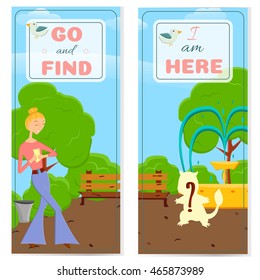 2 postcards with cartoon girl with mobile phone try to catch rare animal with mobile app in a park with trees.Game style design