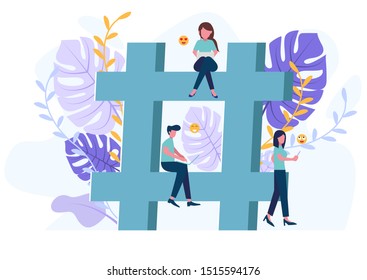 2 Pretty woman is sitting at her laptop and handphone with chatting handsome man with huge phone and emoji on the background. Dating app and virtual relationship. Modern vector illustration.