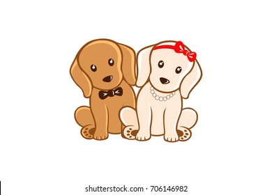 2 Puppies Sitting with Bow and Necklace