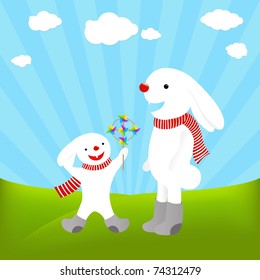 2 Conejos Con Molino De Viento Colorido, Ilustración Vectorial
