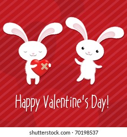 2 Rabbits With Hearts, Valentines Day Greeting Card, Vector Illustration