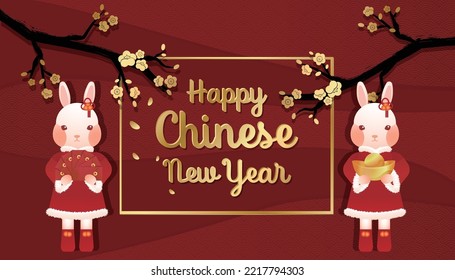 2 rabbits one holds gold ingots and the other holds red envelopes to congratulate Happy Chinese New Year with golden plum blossoms on the background