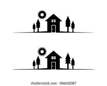 2 Real Estate or Home Icons with trees. 1 sharp cornered and the other round cornered in black and white.