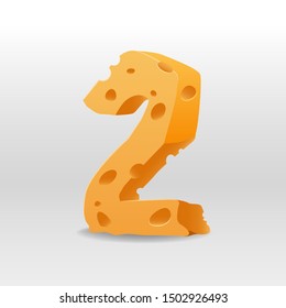 2. Realistic figure of cheese. 3D vector illustration. Numeral two of cheesy font. Element for banner, poster, card, flyer design.