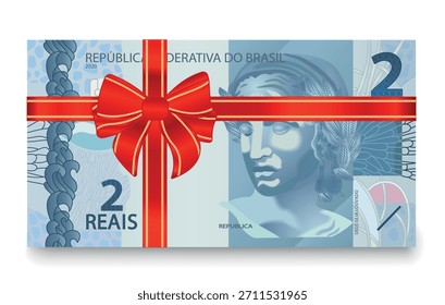 2 reals banknote with red bow, gift concept. Vector illustration.