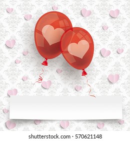 2 red balloons banner on the wallpaper with ornaments background. Eps 10 vector file.