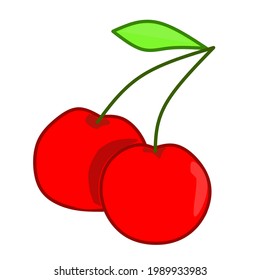 2 red cherries, green stalks and a leaf