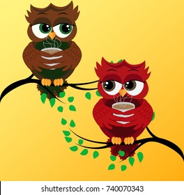 2 red cute flirtatious owls on branches, with a cup of steaming coffee, tea or chocolate