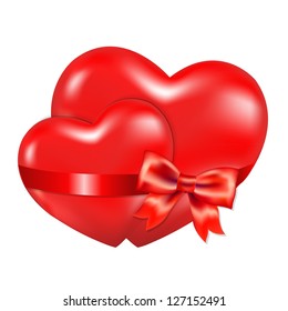 2 Red Hearts With Red Bow With Gradient Mesh, Isolated On White Background, Vector Illustration
