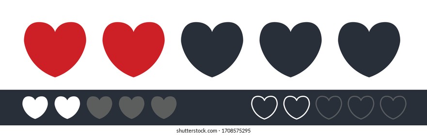 2 Vector de iconos de los corazones rojos. Símbolo plano de revisión de la calificación de productos del cliente para aplicaciones y Web