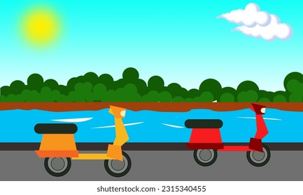 2 red and orange motorbikes parked on the side of the road with a view of a clean lake and sunny weather. commemorate World Motorcycle Day on June 21

