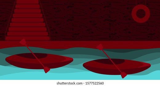 2 red tree canoes with veils on blue lake amid red pier flat style vector
