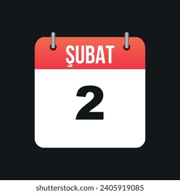 Şubat 2, Red and White Color Calendar Page Black Outline