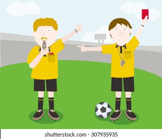 2 referees. 1 holding a red card, the other blowing his whistle.