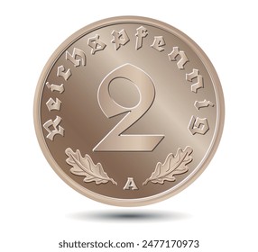 2 Reichspfennig de Alemania esbozado en el Vector. Hojas de roble abajo. Tiempo nazi. El reverso de la moneda está aislado sobre un fondo blanco. Vector.