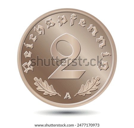 2 Reichspfennig of Germany outlined in vector. Oak leaves below. Nazi time. The reverse side of the coin is isolated on a white background. Vector.