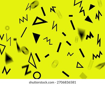 2 Retro abstrato design amarelo padrão fundo com triângulos coloridos, círculos, linhas e ziguezags. Estilo de Memphis com formas geométricas