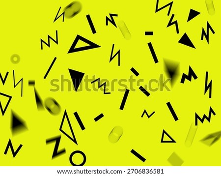 2 Retro abstract design yellow pattern background with colorful triangles, circles, lines and zigzags. Memphis style with geometrical shapes
