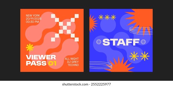 2 Retro Futuristic Y2K Event Pass Cards. Trendy hipster futuristic style in 90s style. Abstract design vector VIP, staff, viewer, artist templates.