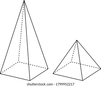 2 right rectangular pyramids with hidden edges; rectangular bases are congruent, but the height of the smaller pyramid is one half that of the larger, vintage line drawing or engraving illustration.