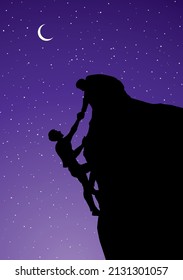 2 risk union trust try give effort crisis life arm reach up abyss hang fail hiker concept. Black aid care graphic vector art unity join high hill canyon peak gap pit top win evening starry text space