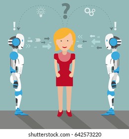 2 robots with a woman on the green background. Eps 10 vector file.